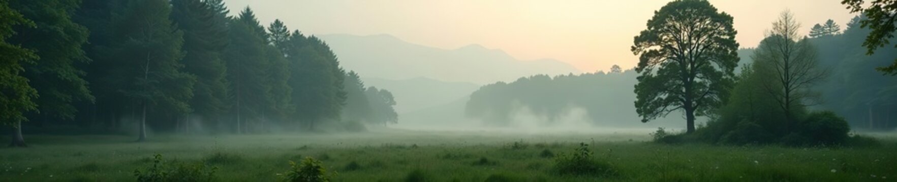 Serene forest landscape with delicate morning fog in spring,  mist,  environment