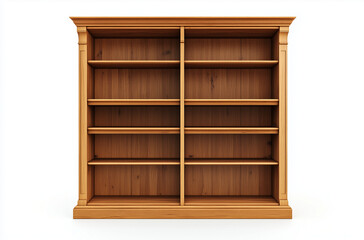 A classic wooden bookshelf isolated on a white background celebrates timeless craftsmanship and organized display.