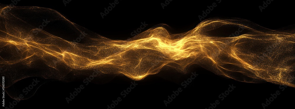 Poster abstract golden particle wave flowing on black background for technology visuals