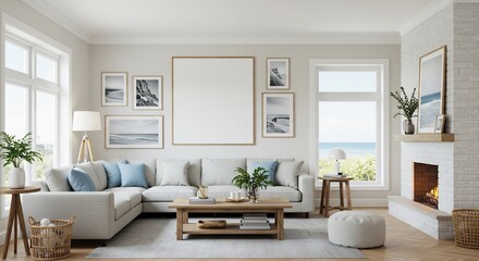 穏やかな光が差し込む、広々としたリビングルーム 爽やかな色合いの家具と調和