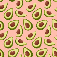 Seamless avocado pattern Sliced avocado halves with seeds. Fruit for healthy eating. Vector template on isolated background for packaging, banner and textiles
