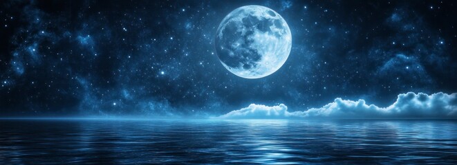 Fototapeta premium Full Moon Shining Over Water with Starry Sky and Clouds