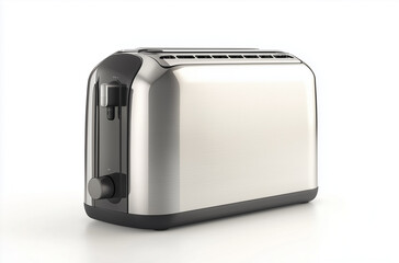 A sleek stainless steel toaster isolated on a white background blends functional design with contemporary sophistication.