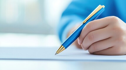 A close-up of a hand holding a blue pen poised over a blank sheet of paper, suggesting writing or note-taking in a calm, focused environment.