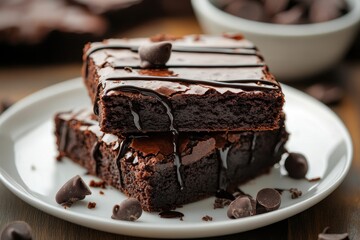 Stack of two fudgy brownies with chocolate sauce and chips. Showcase decadent desserts or promote your baking skills online.