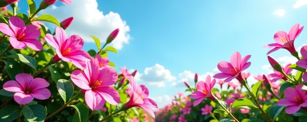 Lush garden bursting with vibrant pink flowers under the clear blue sky,  serene,  nature