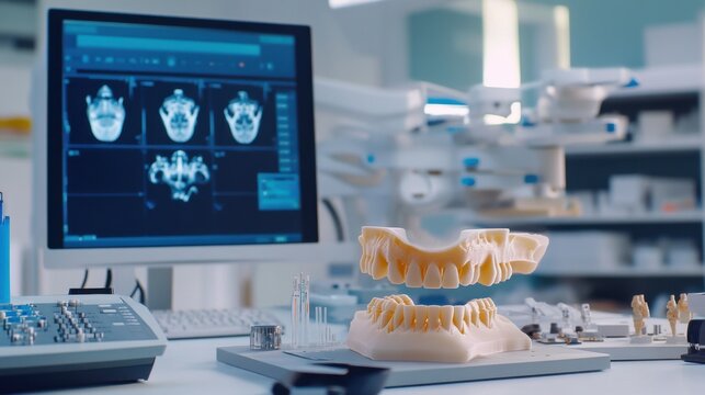 A 3D printing engineer developing bio compatible implants for orthopedic surgery, medical lab with 3D printers, implant models