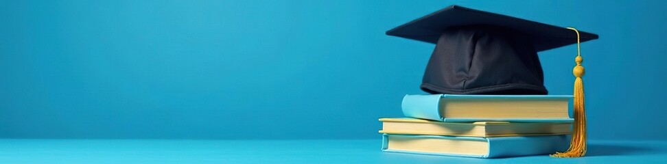 Graduation cap on stack of blue and golden yellow books in blue background with copyspace,  yellow,  stack