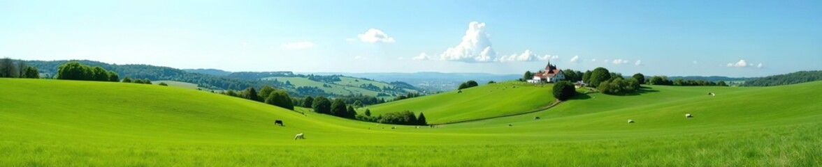 Rolling green hills dotted with farmhouses and grazing livestock under a clear blue sky,  greenery,  tranquil