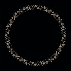 Elegant vintage floral gold round frame on black background. Gold seamless round classic Greek floral meander pattern. Template for invitation, greeting card, laser, engraving, porcelain, embroidery