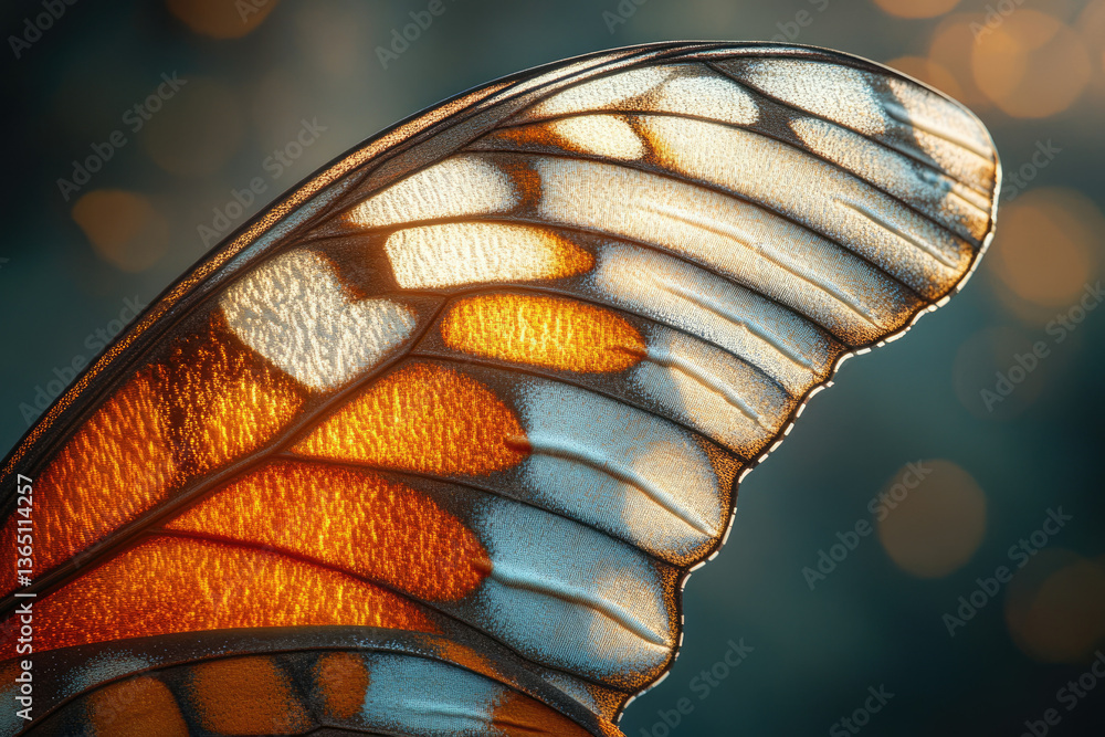 Poster close-up of a butterfly wing, showcasing intricate patterns and vibrant orange and white hues illumi