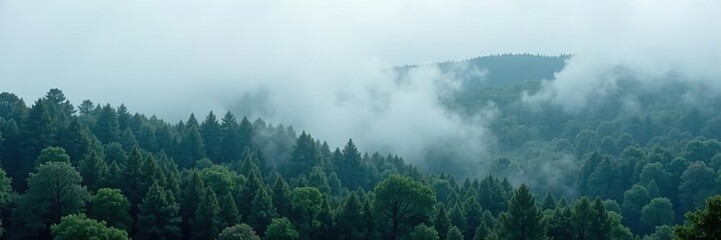 Morning fog enveloping a dense forest, creating a mystical and serene atmosphere,  sunrise,  fog