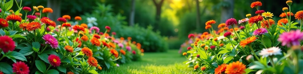 Lush garden with a variety of annuals and perennials in full bloom,  garden design,  landscape