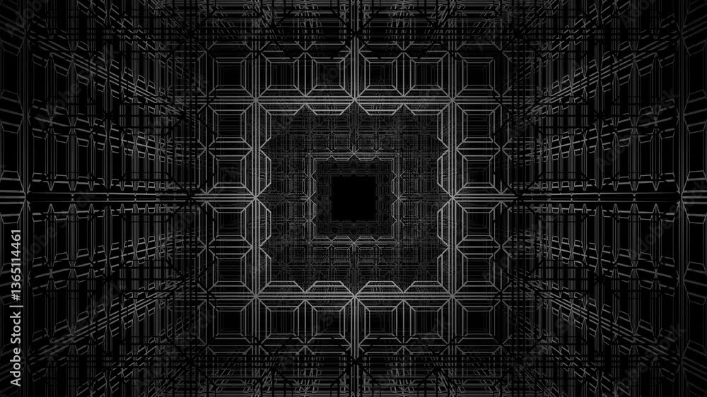 Poster endless forward movement inside a rectangular tunnel made of a gray frame with rectangular cells. 3d
