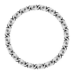 Beautiful round frame arabesque with floral pattern on white background. Plate with lace design. Black and white round floral frame for round surfaces, household utensils, textiles, embroidery. EPS