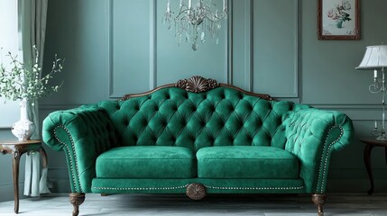 Elegant Emerald Green Velvet Sofa in a Luxurious Interior
