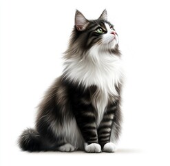 Cute Long-haired Cat Sitting and Looking Up on a White Background