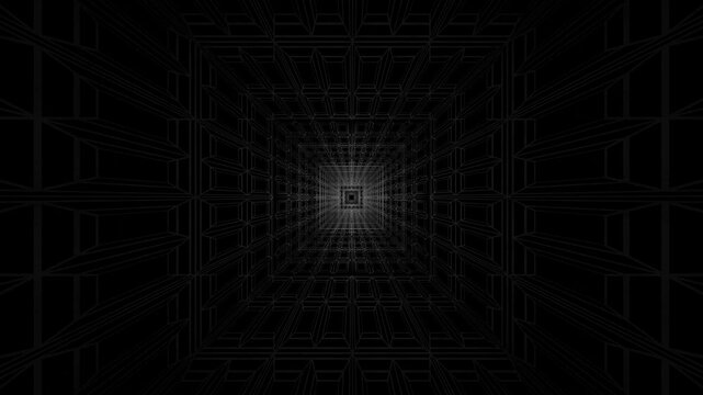 endless forward movement inside a rectangular tunnel made of a gray frame with rectangular cells. 3d render looped animation.