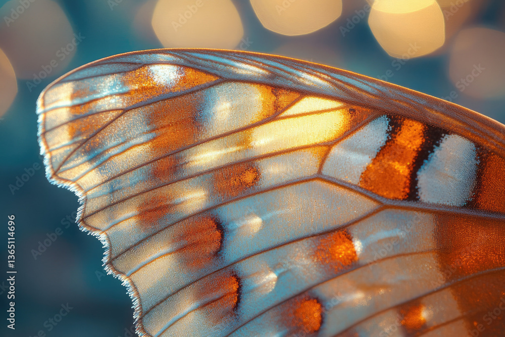 Poster close-up of a butterfly wing, showcasing intricate details and vibrant colors with a bokeh backgroun