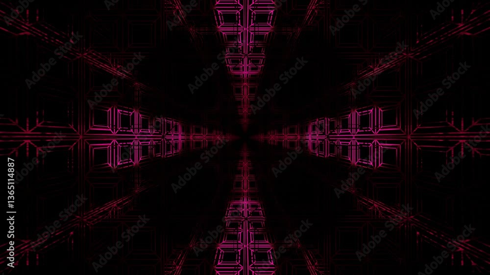 Poster endless forward movement inside abstract dark tunnel with purple frame. 3d render looped animation.