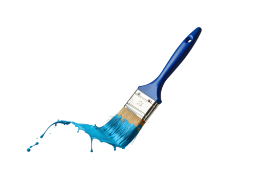 A floating paintbrush with blue paint dripping, isolated on a solid white background.