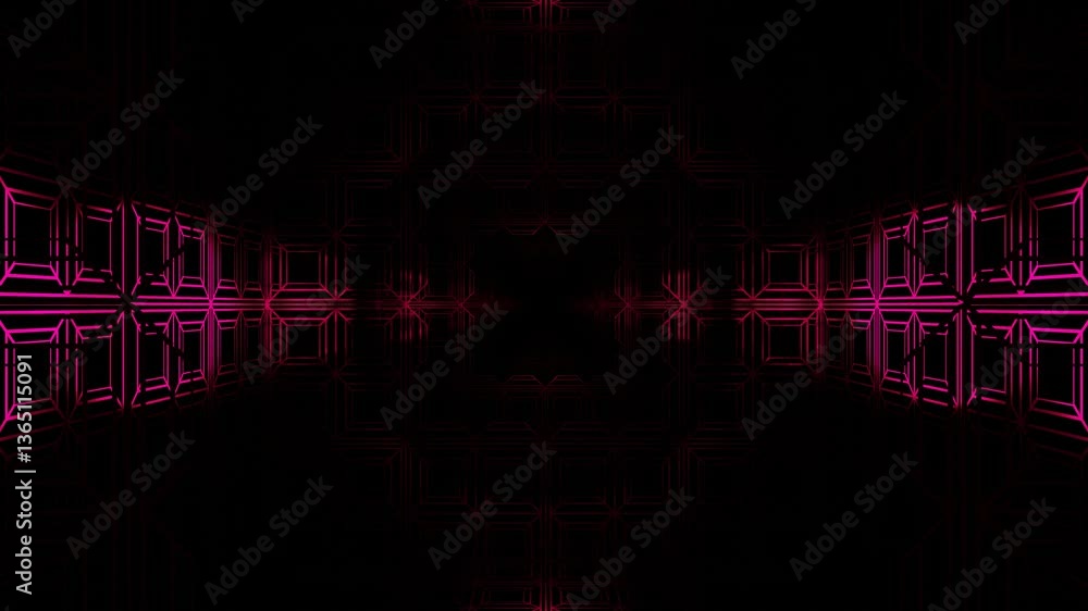 Poster endless forward movement inside abstract dark tunnel with purple frame. 3d render looped animation.