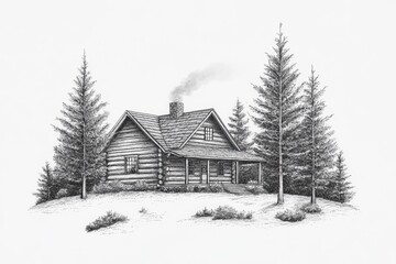 Charming log cabin nestled among tall pine trees with smoke rising from the chimney, serene atmosphere