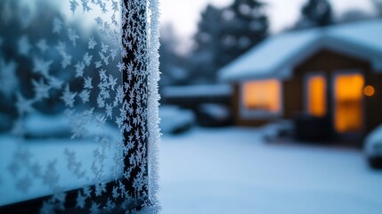 Snowflakes adorning a frosty window with a cozy house backdrop in winter