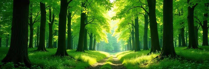 Lush green canopy of trees casting dappled sunlight on the forest floor,  natural,  landscape