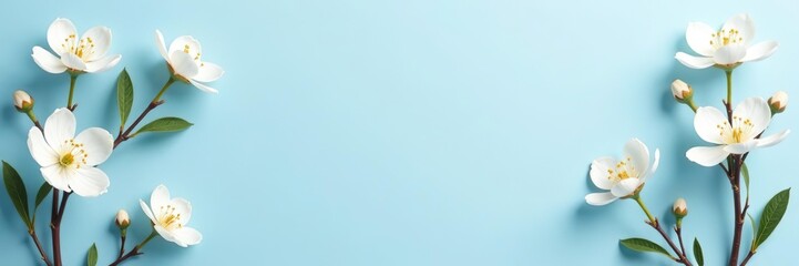 Obraz premium Minimalist floral frame with delicate white blossoms on a serene blue background, stylish, minimalism