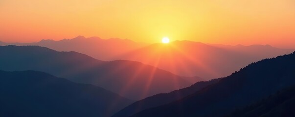 Fototapeta premium Silhouettes of mountains in a beautiful gentle haze at sunrise, natural landscape, sun rays, peaceful, tranquil, serene, morning light, majestic scenery, wilderness, mountains, sunrise