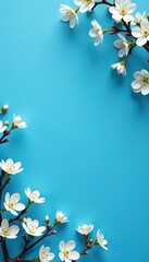 Minimalist floral frame with delicate white blossoms on a vibrant blue background,  elegant,  frame