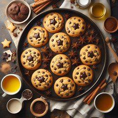 Obraz premium Fresh pastries. Cookies on a baking sheet. Freshly baked cookies. Biscuits with chocodas