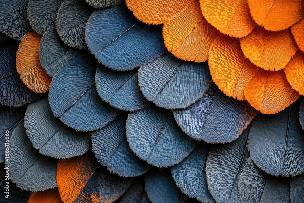 Poster close-up of overlapping blue and orange bird feathers, showcasing intricate texture and vibrant colo