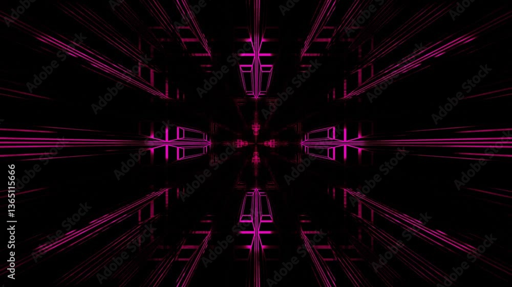 Poster endless forward movement inside abstract dark tunnel with purple frame. 3d render looped animation.