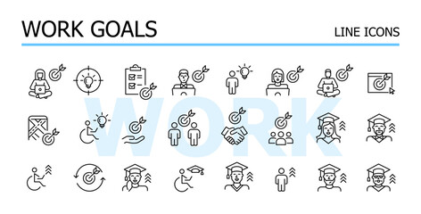 Work goals, career success and hiring related icons. Higher education for advancement and inclusivity at workplace. Vector set