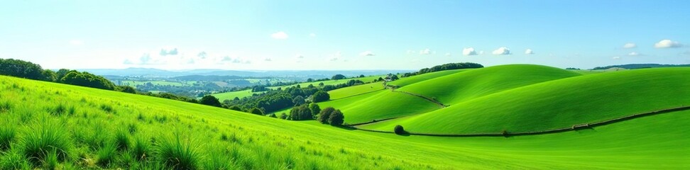 Fototapeta premium Rolling hills covered in lush green fields under a clear blue sky in Devon, England, rural, view