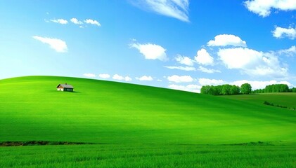 Obraz premium Rolling hills covered in lush green grass under clear blue skies during spring, showcasing breathtaking rural landscapes, sunny, nature exploration