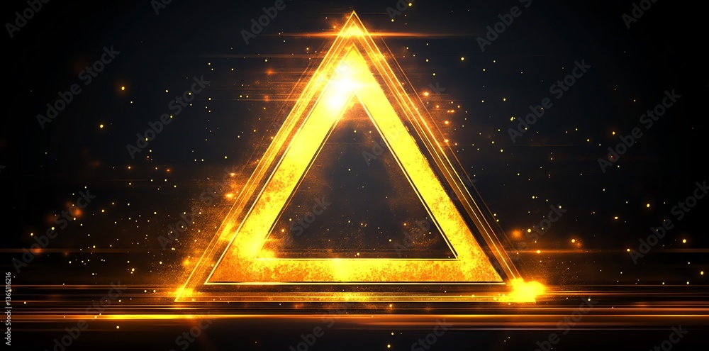 Poster glowing triangle frame with golden light streaks and sparkling particles