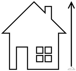 House with chimney and four-pane window next to upward arrow indicating growth. Ideal for real estate, market trends, investment growth, housing demand, financial development, property sales, flat