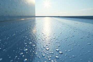 Silver blue grey polished reflective steel surface with distant horizon,  blue, steel