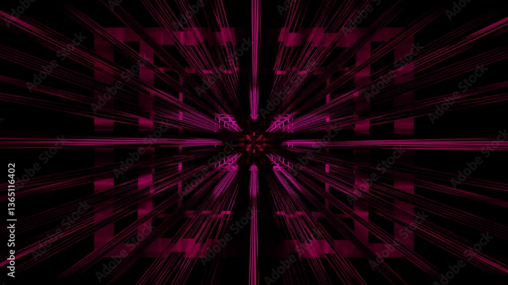 Poster endless forward movement inside abstract dark tunnel with purple frame. 3d render looped animation.
