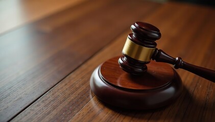 Judge gavel resting on a polished brown wooden background, judgment,  brown