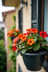 Fototapeta premium Hanging petunia flowers in tilted angle baskets on balcony with colorful blooms, plant, natural