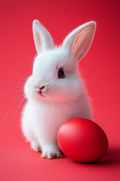 Minimal Easter card with black rabbit with a red Easter egg on the side, against a red background. Cute animal cover	