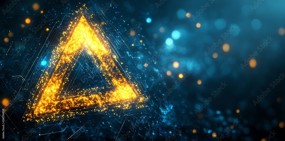 Poster glowing triangle shape with flowing particles on dark digital background