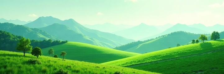 Minimalistic green landscape with serene mountains and rolling hills,  mountains,  abstract