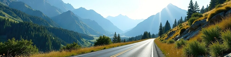 Fototapeta premium Mountain road winding through Absaroka Range with towering peaks and lush forests, Absaroka Mountain Range, mountain