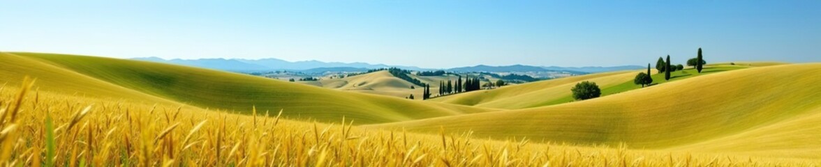 Obraz premium Rolling hills dotted with cypress trees and golden wheat fields under a clear blue sky in the Val d'Orcia region near Pienza town in Tuscany, Italy, Italy, blue sky