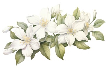 Vintage drawing jasmine flowers plant white white background.
